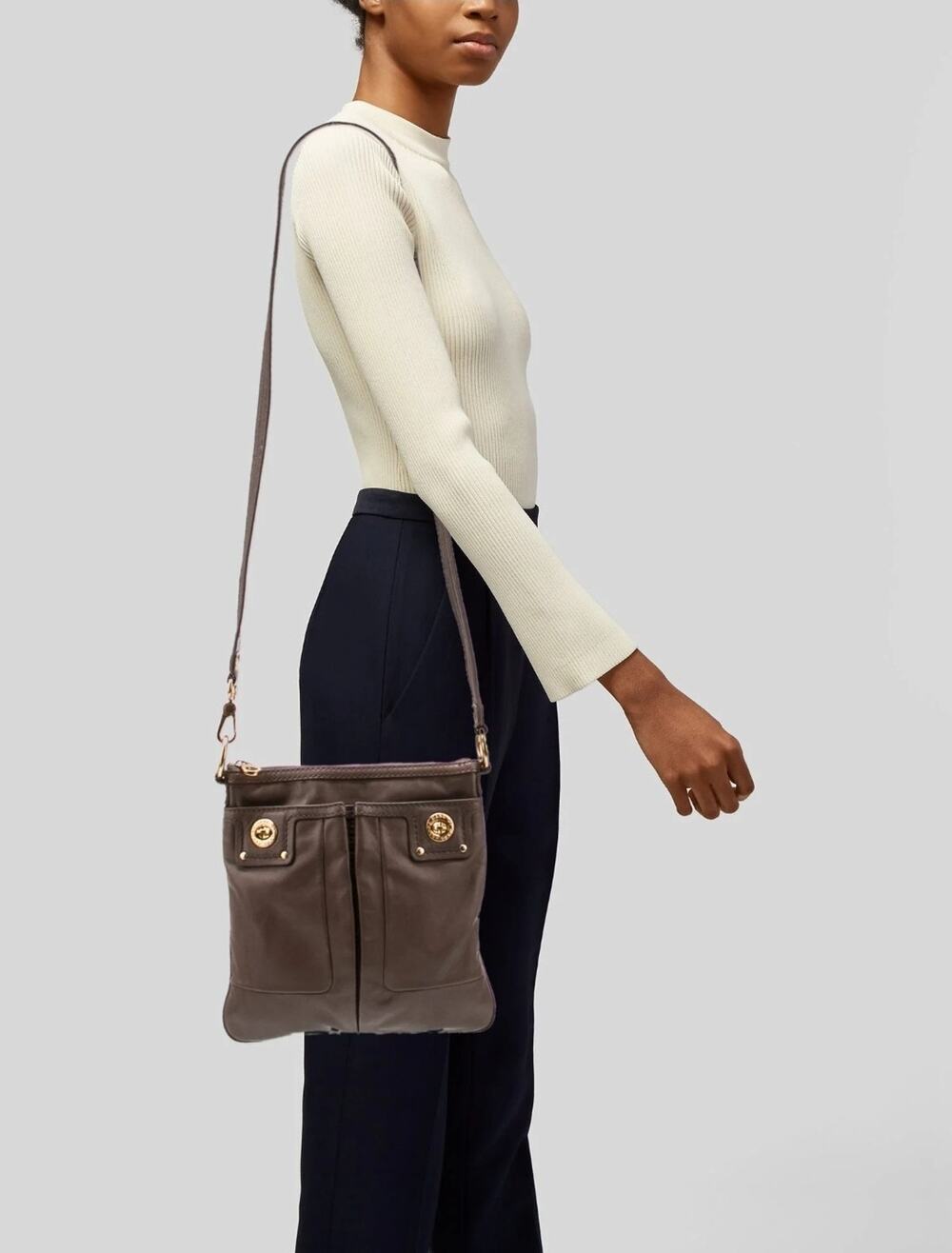 MARC BY MARC JACOBS 'Totally Turnlock' Leather Taupe Crossbody Bag 9.5 × 10in